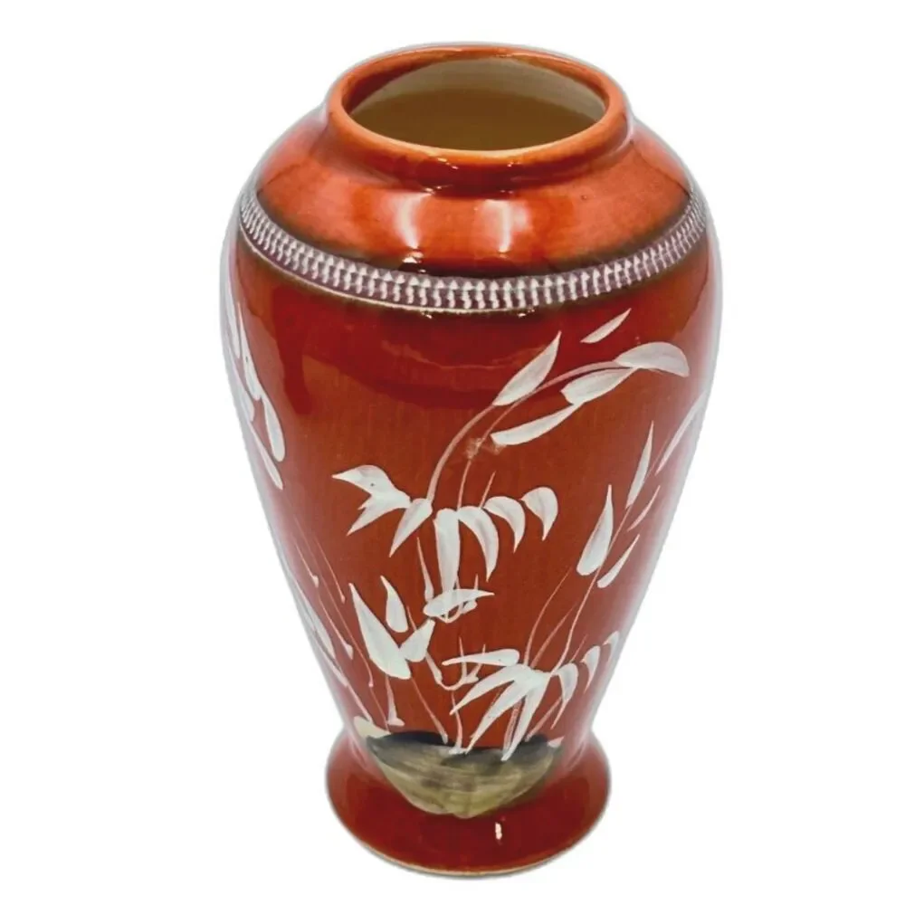 Asian-Inspired Hand-Painted Ceramic Vases – Burnt Orange with a Bamboo Design